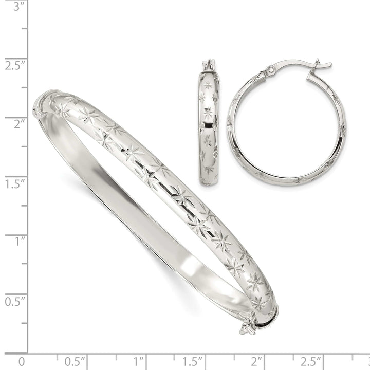 Sterling Silver D.C. 6mm Hinged Bangle and 4x25mm Hoop Earring Set
