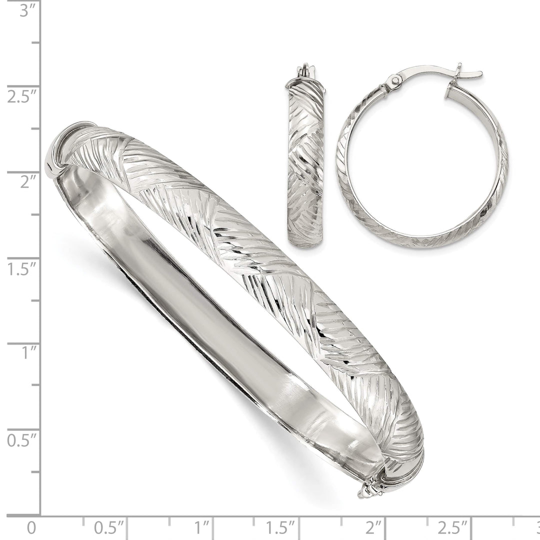 Sterling Silver D.C. 7.5mm Hinged Bangle and 5x25mm Hoop Earring Set