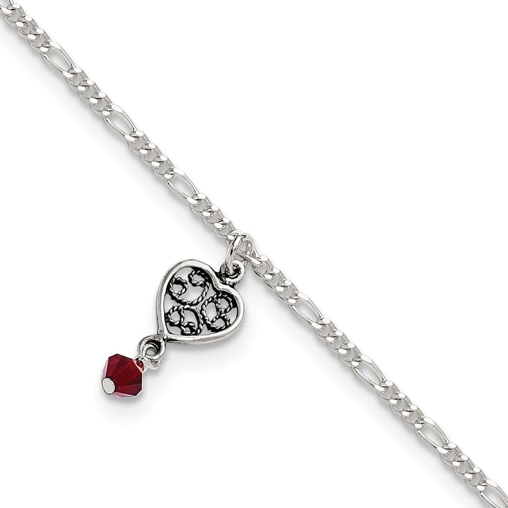Sterling Silver Dark Pink Crystal Dangling Antiqued Heart Anklet — .925 sterling silver, 10 inches long, 2 mm wide, spring ring clasp, 2.22 g