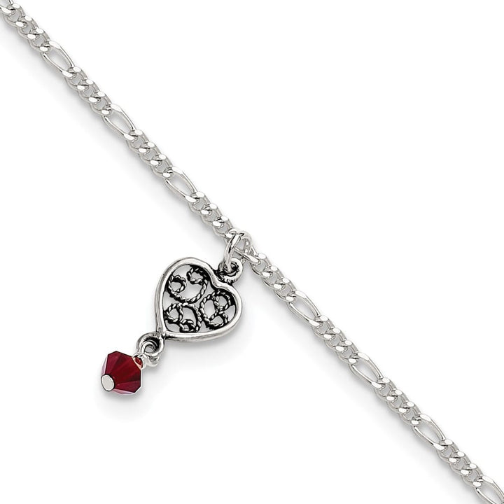 Sterling Silver Dark Pink Crystal Dangling Antiqued Heart Anklet — .925 sterling silver, 10 inches long, 2 mm wide, spring ring clasp, 2.22 g