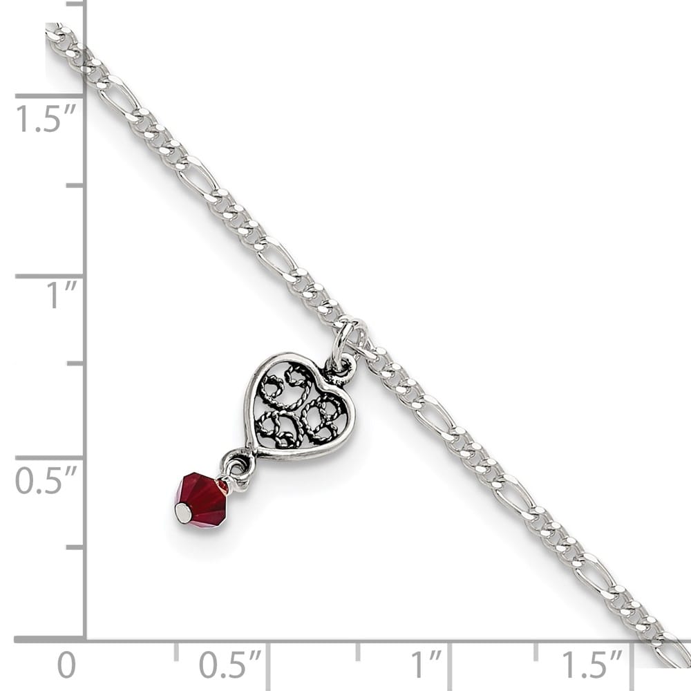 Sterling Silver Dark Pink Crystal Dangling Antiqued Heart Anklet