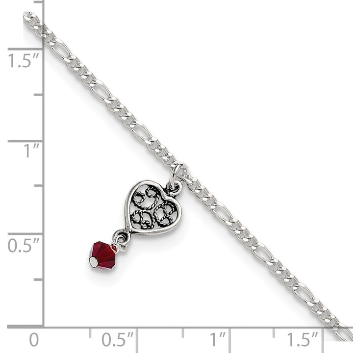 Sterling Silver Dark Pink Crystal Dangling Antiqued Heart Anklet