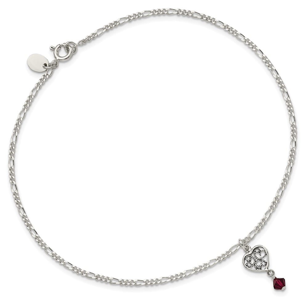 Sterling Silver Dark Pink Crystal Dangling Antiqued Heart Anklet