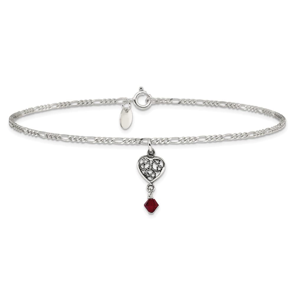 Sterling Silver Dark Pink Crystal Dangling Antiqued Heart Anklet