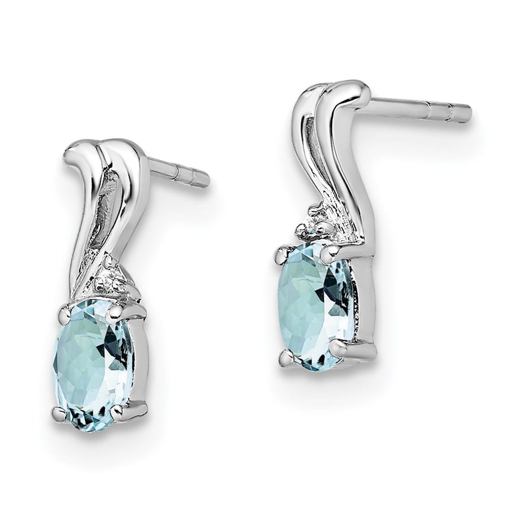 Sterling Silver Dia. & Aquamarine Oval Post Earrings, view 2 of 4