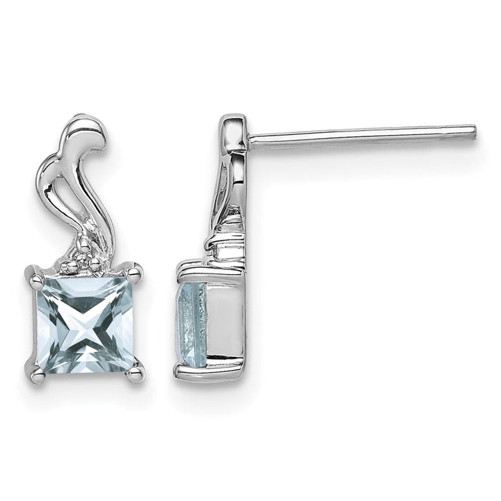 Sterling Silver Dia. Aquamarine Square Post Earrings, view 1 of 4
