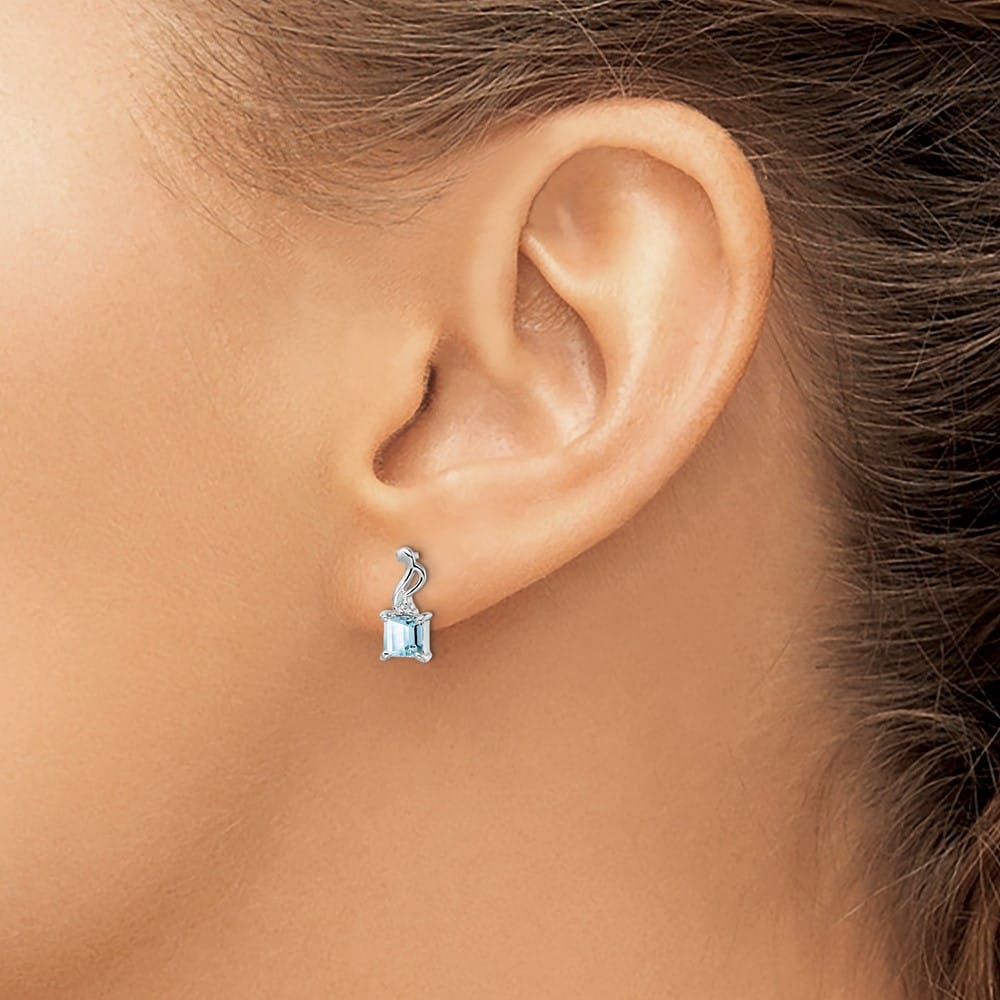 Sterling Silver Dia. Aquamarine Square Post Earrings, view 3 of 4