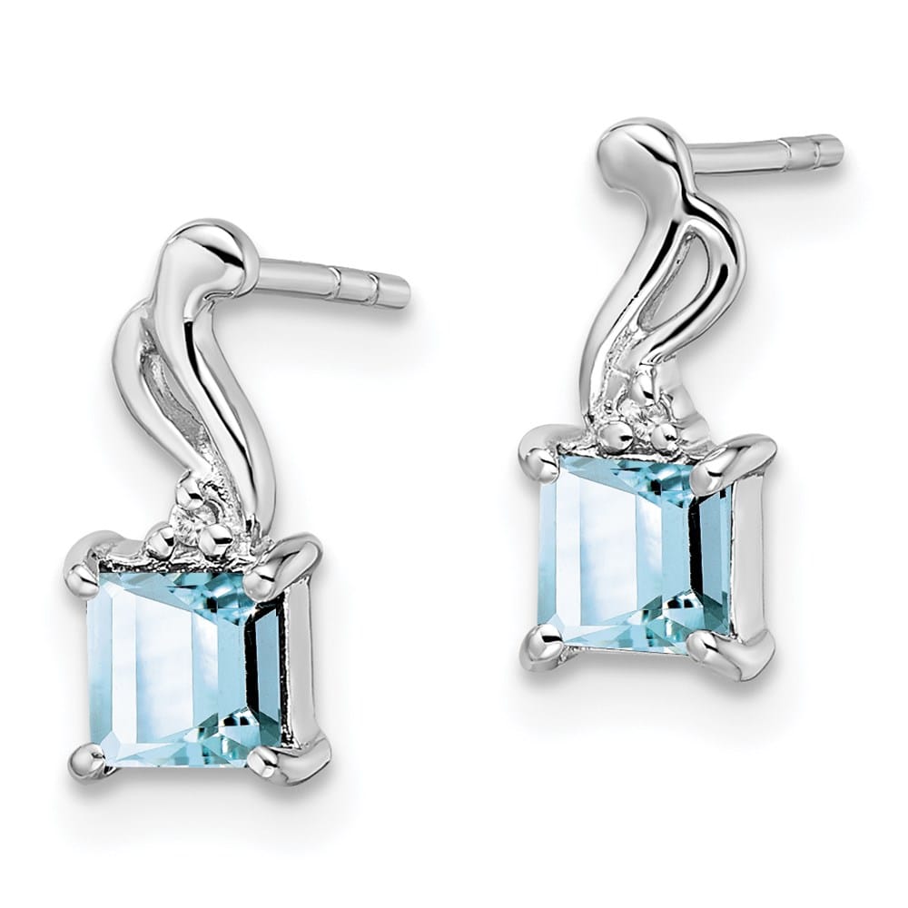 Sterling Silver Dia. Aquamarine Square Post Earrings, view 2 of 4
