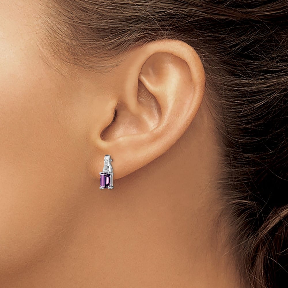 Sterling Silver Diamond and Amethyst 13 x 5 mm Earrings, view 3 of 4
