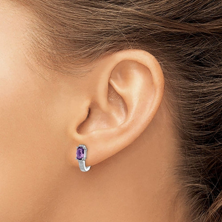 Sterling Silver Diamond and Amethyst Hinged Hoop Earrings, view 3 of 4