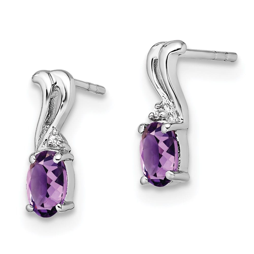 Sterling Silver Diamond and Amethyst Oval Post Earrings, view 2 of 4