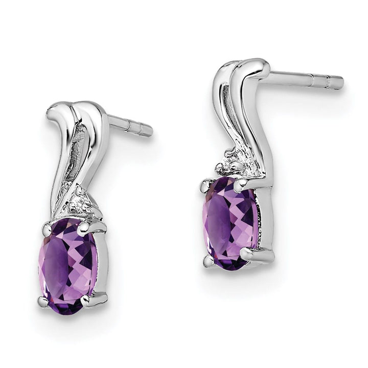 Sterling Silver Diamond and Amethyst Oval Post Earrings, view 2 of 4