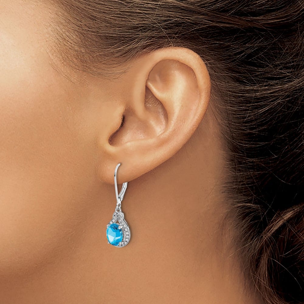 Sterling Silver Diamond and Blue Topaz 30 x 9 mm Earrings, view 3 of 4