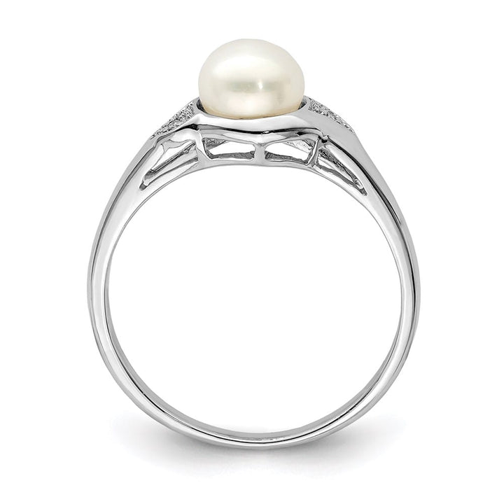 Sterling Silver Diamond and Cultured Pearl 6.5 mm Textured Ring