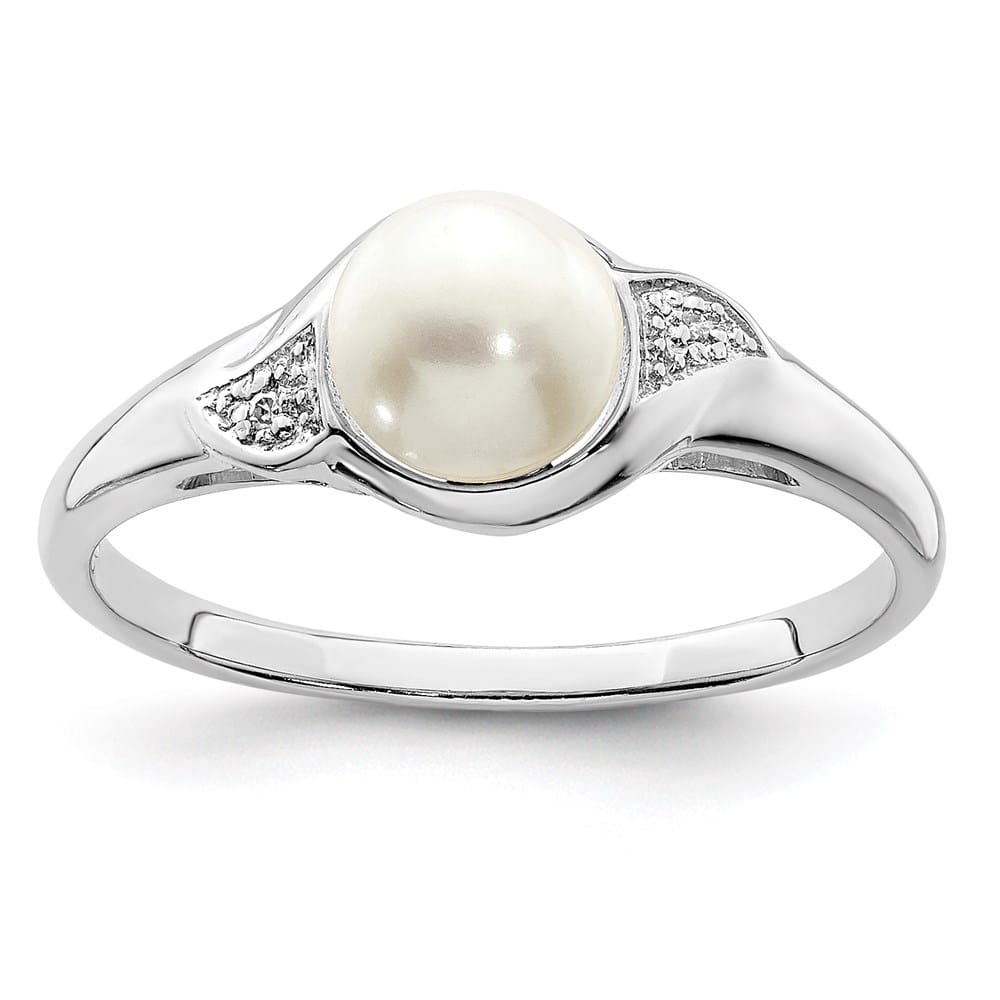 Sterling Silver Diamond and Cultured Pearl 6.5 mm Textured Ring