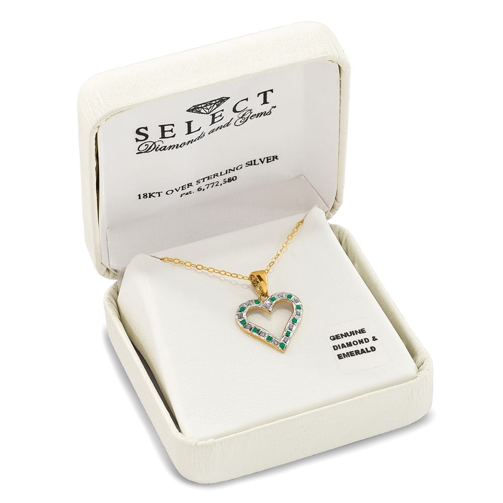 Sterling Silver Diamond and Emerald Heart 18 inch Necklace