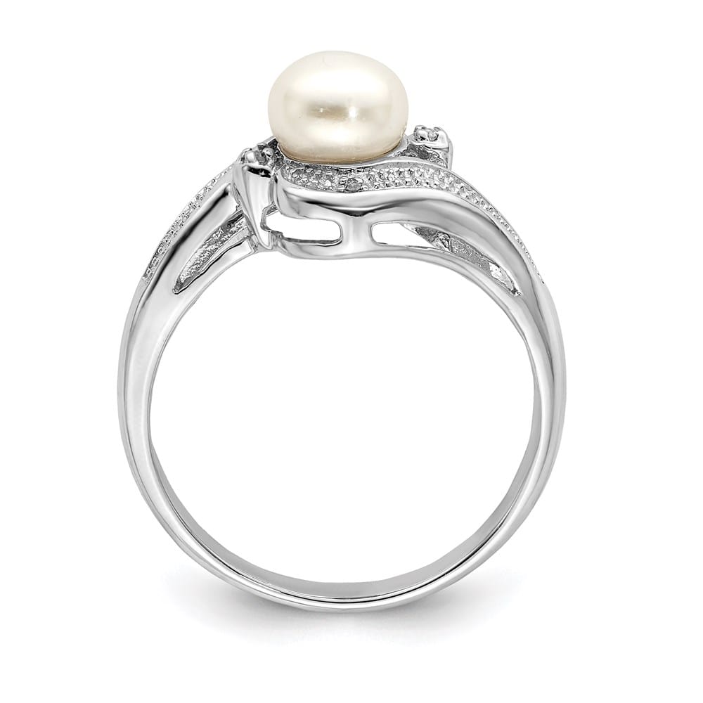 Sterling Silver Diamond and Freshwater Cultured Pearl 6.5 mm Pave Ring