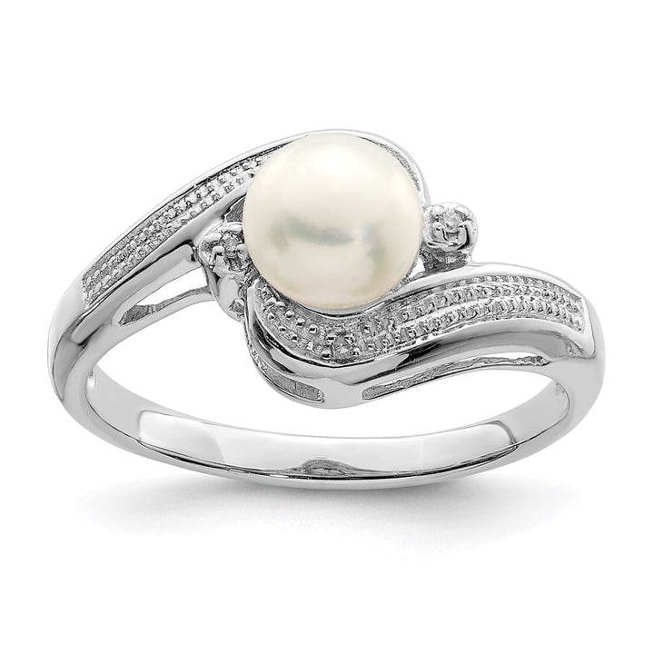 Sterling Silver Diamond and Freshwater Cultured Pearl 6.5 mm Pave Ring