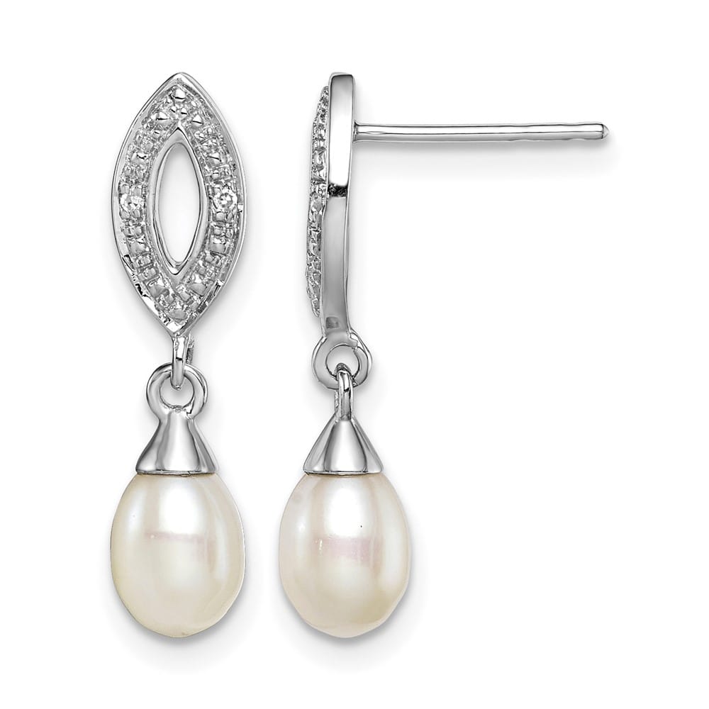Sterling Silver Diamond and Freshwater Pearl 21 x 6 mm Earrings, view 1 of 2