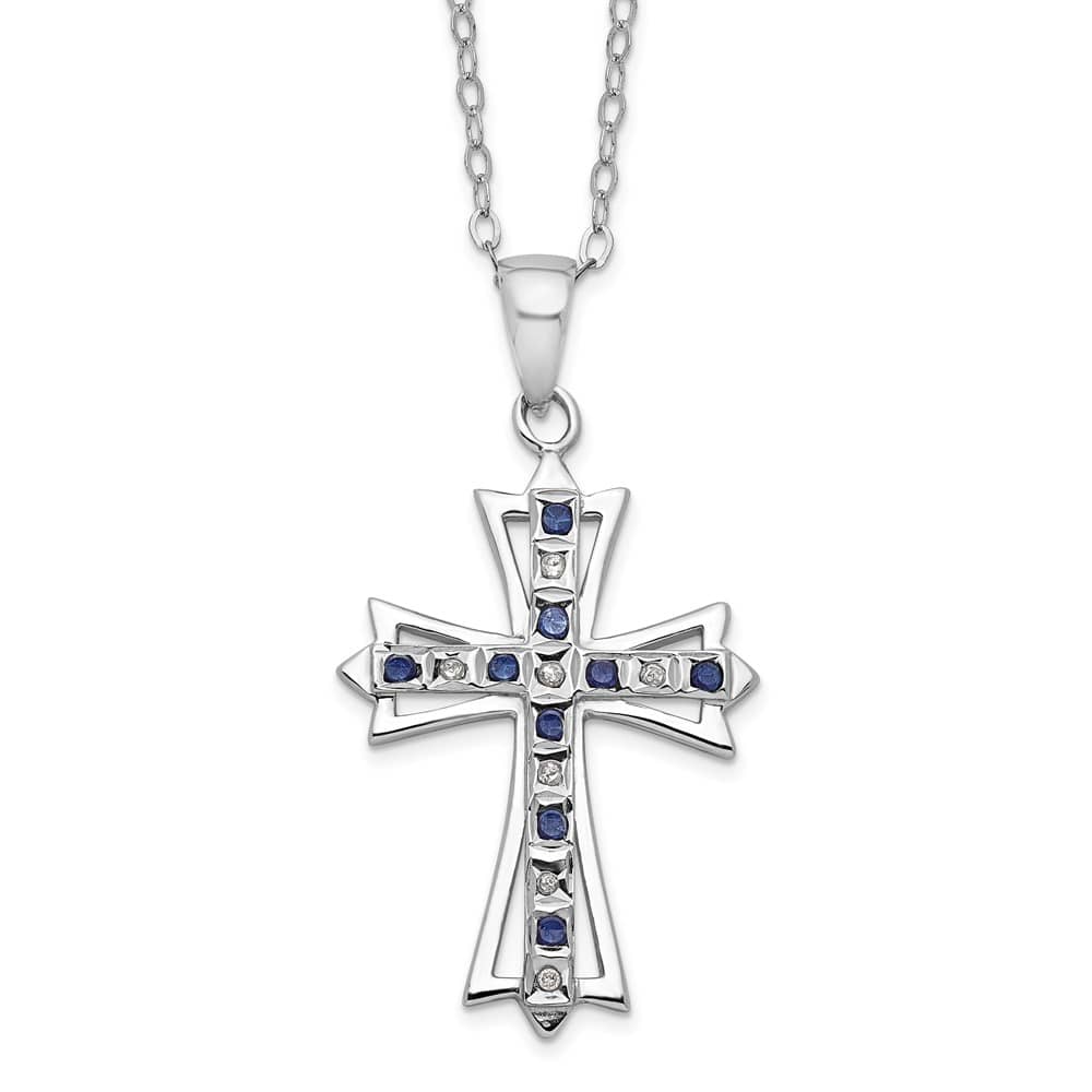 Sterling Silver Diamond and Sapphire Cross 18 inch Necklace