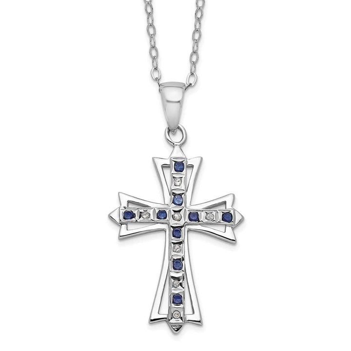 Sterling Silver Diamond and Sapphire Cross 18 inch Necklace