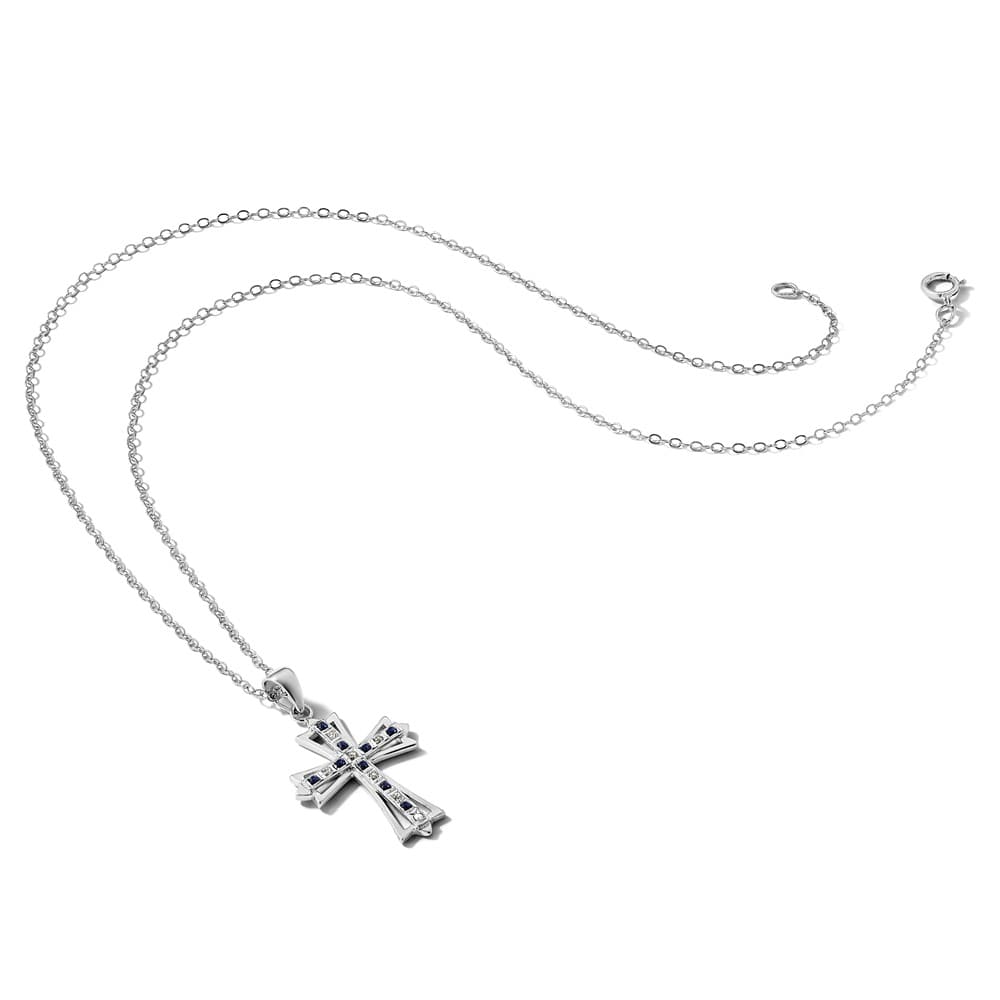 Sterling Silver Diamond and Sapphire Cross 18 inch Necklace
