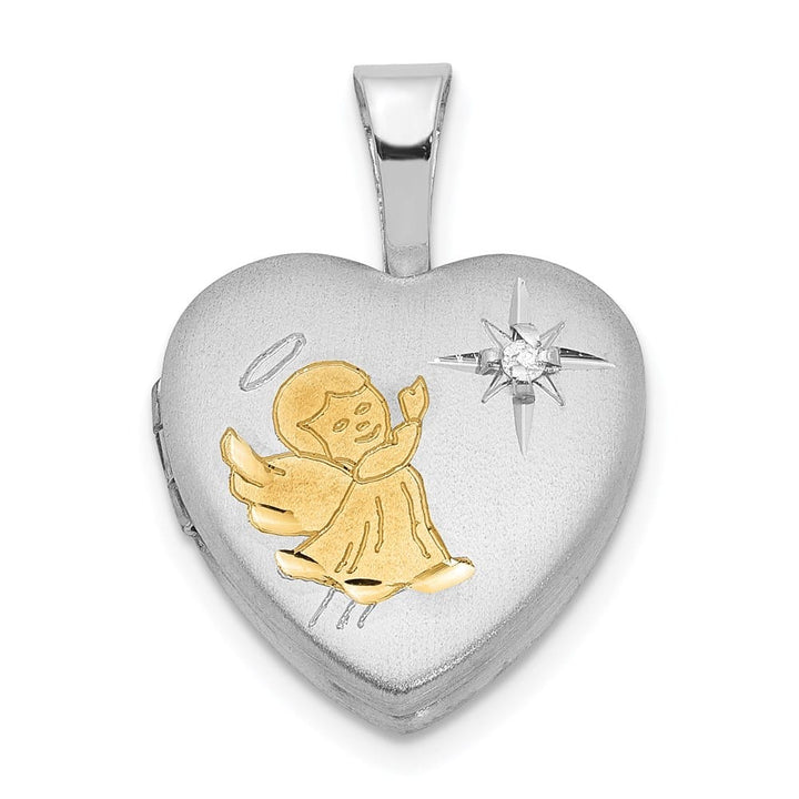 Sterling Silver Diamond Angel 12mm Heart Locket Pendant