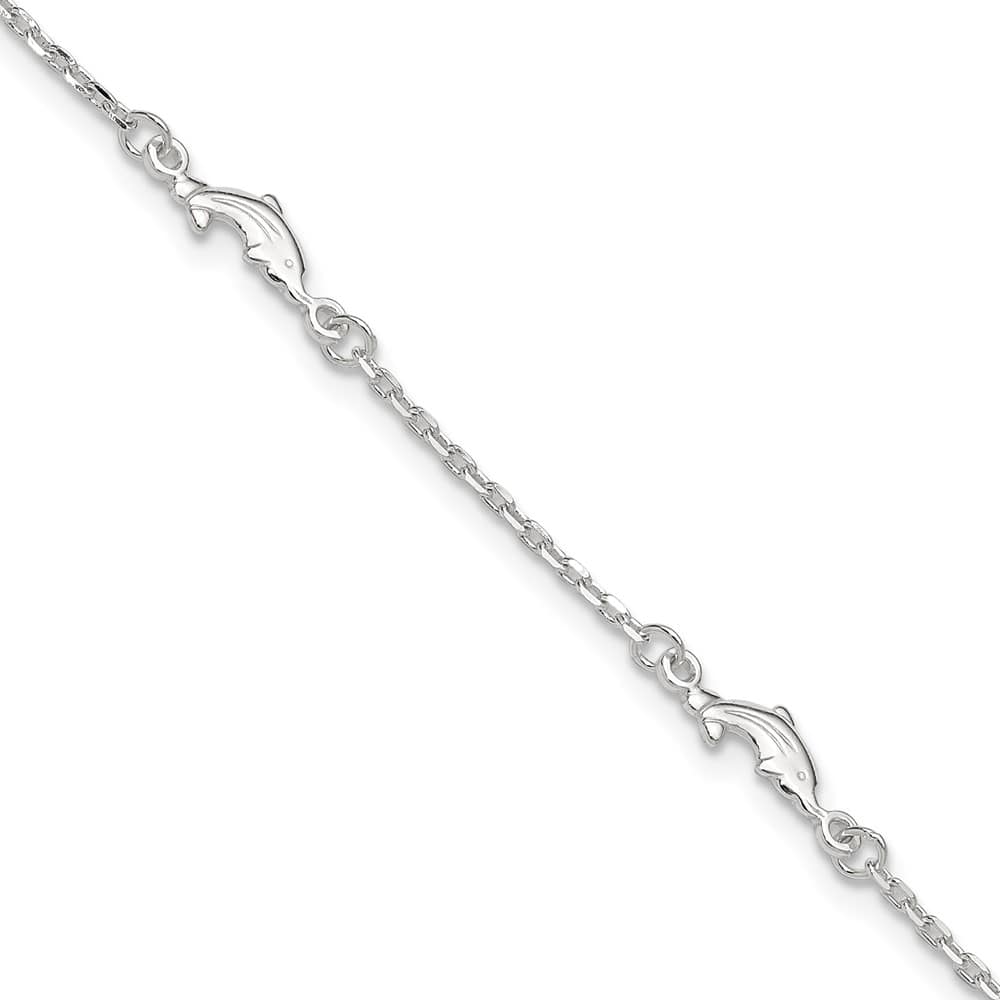 Sterling Silver Dolphin 5-Station on Cable Link Anklet — .925 sterling silver, 10 inches long, 1 inch extension, 5 mm wide, lobster clasp, 3.33 g