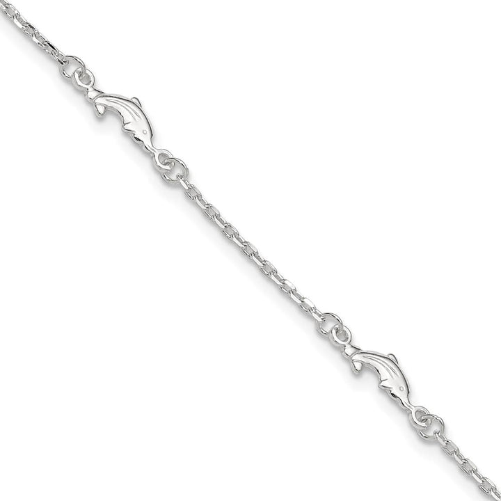 Sterling Silver Dolphin 5-Station on Cable Link Anklet — .925 sterling silver, 10 inches long, 1 inch extension, 5 mm wide, lobster clasp, 3.33 g