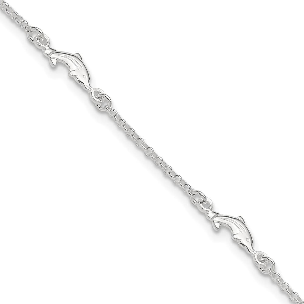 Sterling Silver Dolphin 5-Station on Rolo Link Anklet — .925 sterling silver, 10 inches long, 1 inch extension, 1.5 mm wide, lobster clasp, 3.29 g