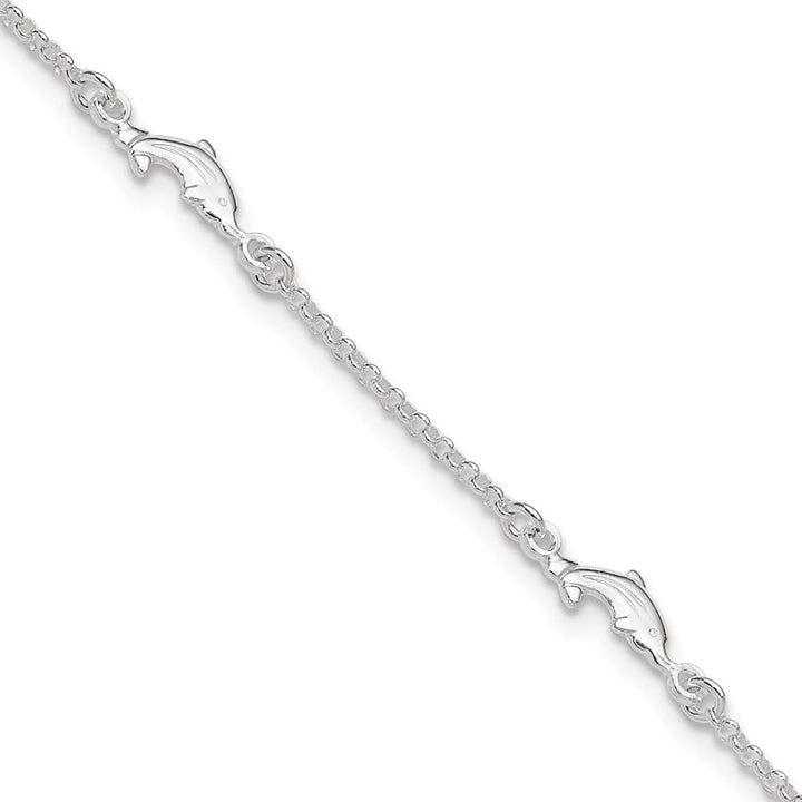 Sterling Silver Dolphin 5-Station on Rolo Link Anklet — .925 sterling silver, 10 inches long, 1 inch extension, 1.5 mm wide, lobster clasp, 3.29 g