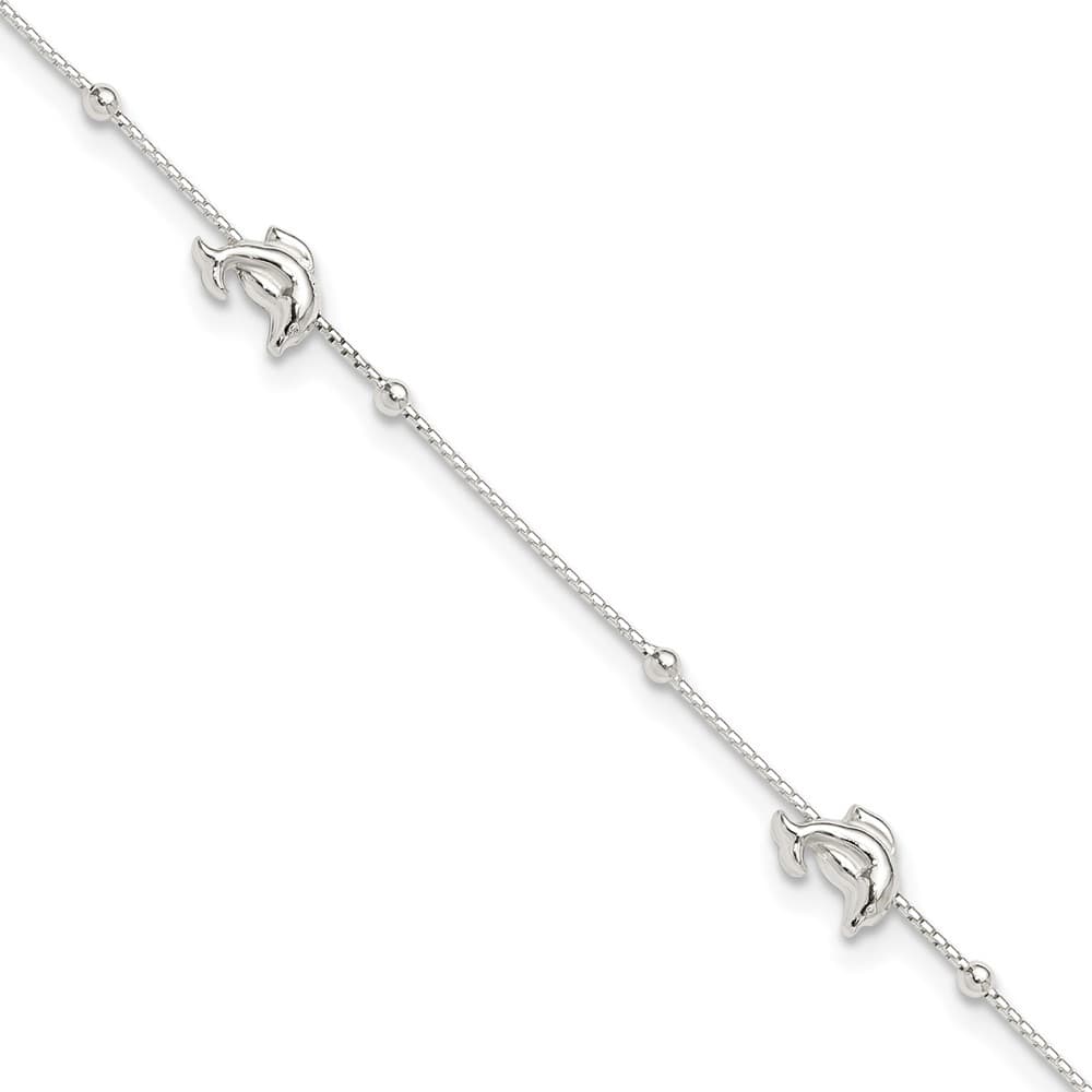 Sterling Silver Dolphins and Beads 4-Station Anklet — .925 sterling silver, 10 inches long, 1 inch extension, 7 mm wide, lobster clasp, 2.34 g