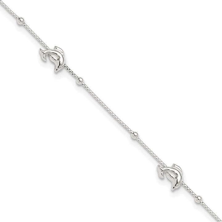Sterling Silver Dolphins and Beads 4-Station Anklet — .925 sterling silver, 10 inches long, 1 inch extension, 7 mm wide, lobster clasp, 2.34 g