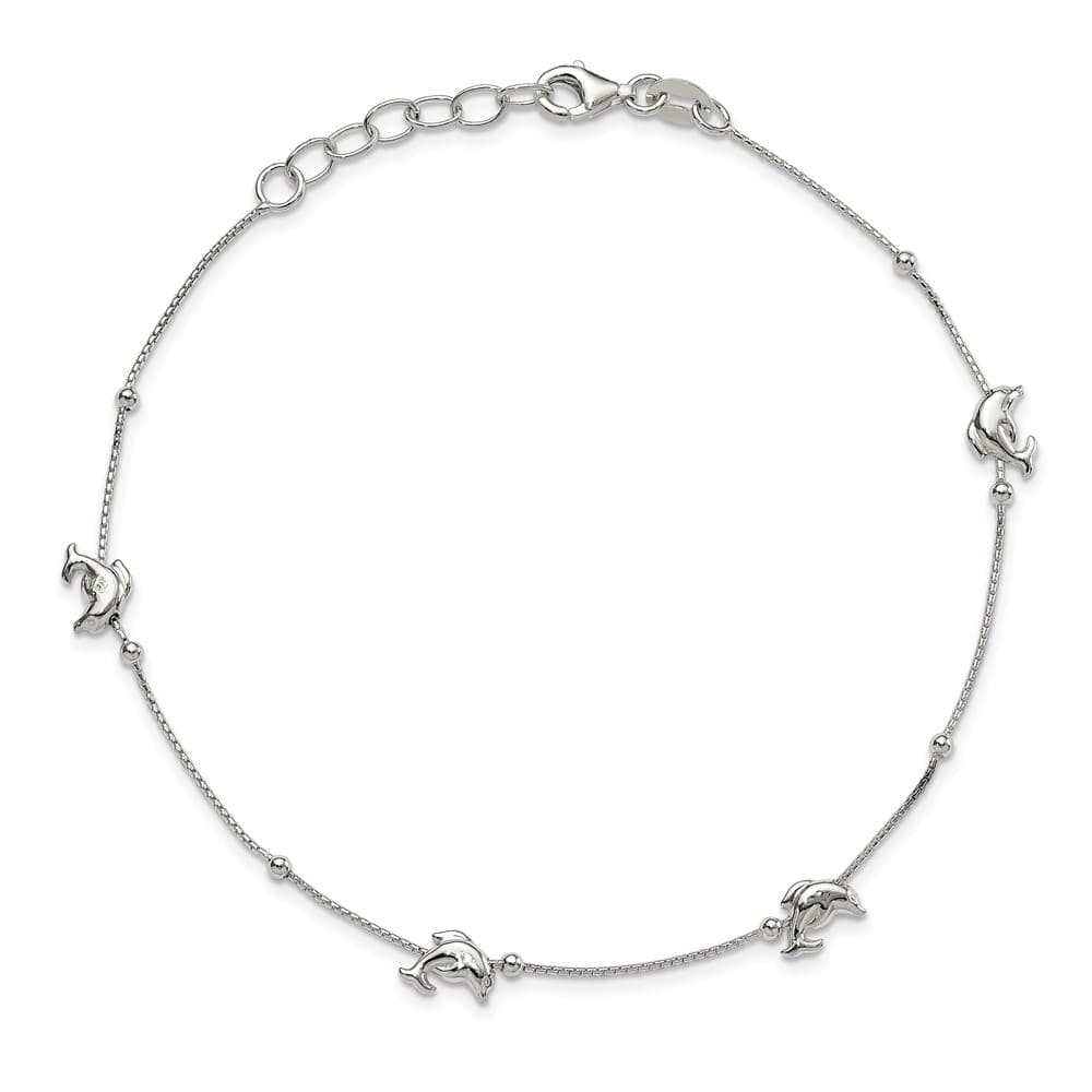 Sterling Silver Dolphins and Beads 4-Station Anklet