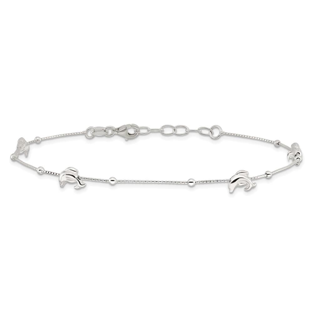 Sterling Silver Dolphins and Beads 4-Station Anklet