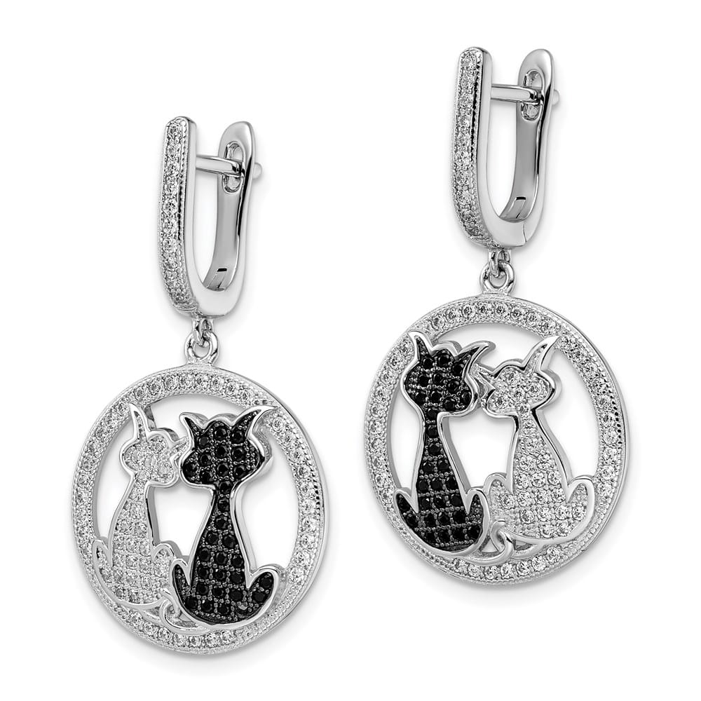 Sterling Silver Embers 194 Black White CZ Dangle Hoop Earrings, view 2 of 4