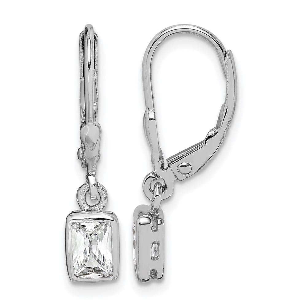 Sterling Silver Emerald-cut 6x4mm CZ Leverback Earrings, view 1 of 4