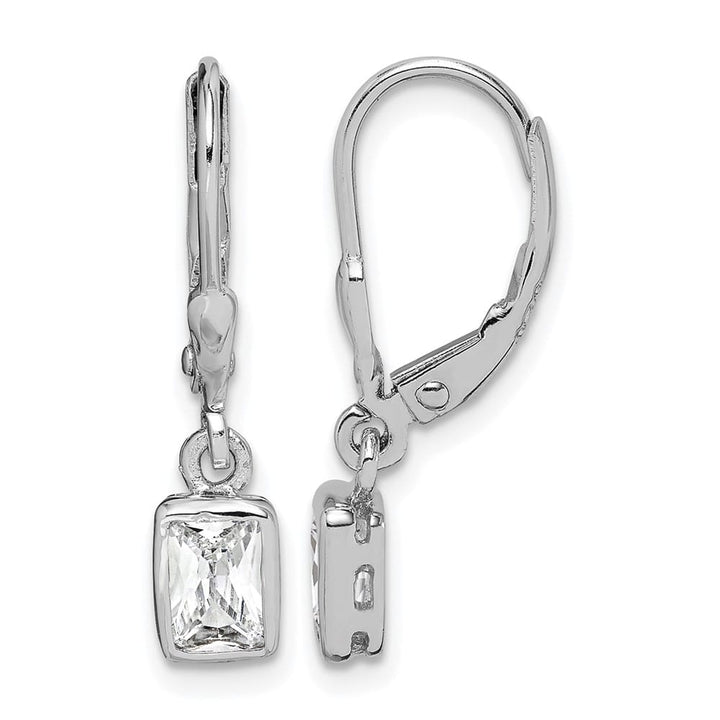 Sterling Silver Emerald-cut 6x4mm CZ Leverback Earrings, view 1 of 4