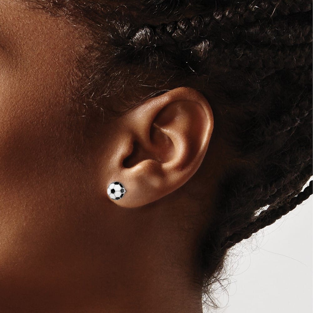 Sterling Silver Enameled Black and White Soccer Ball Post Earrings