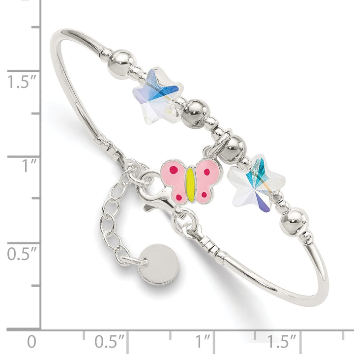 Sterling Silver Enameled Butterfly and Crystal Stars 6 Inch Bracelet