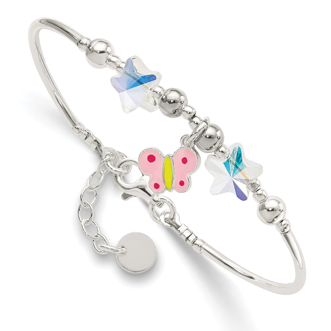 Sterling Silver Enameled Butterfly and Crystal Stars 6 Inch Bracelet