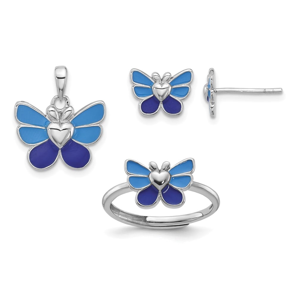 Sterling Silver Enameled Butterfly Youth Pendant, Earring & Ring Set