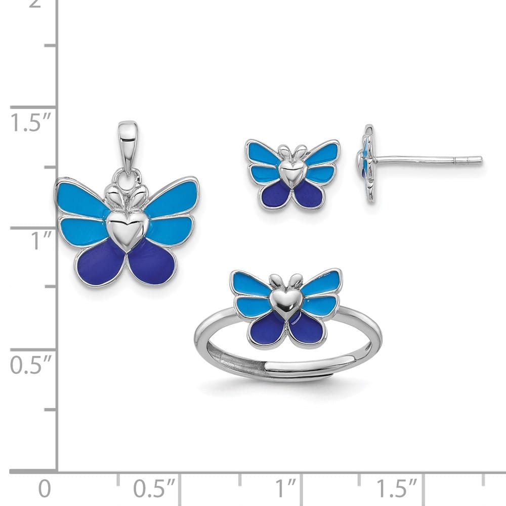 Sterling Silver Enameled Butterfly Youth Pendant, Earring & Ring Set