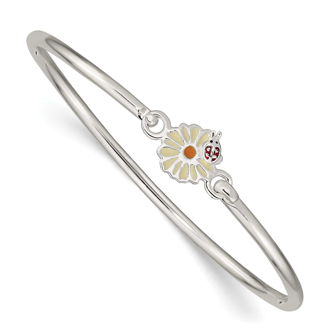 Sterling Silver Enameled Flower and Ladybug Children's Bangle Bracelet