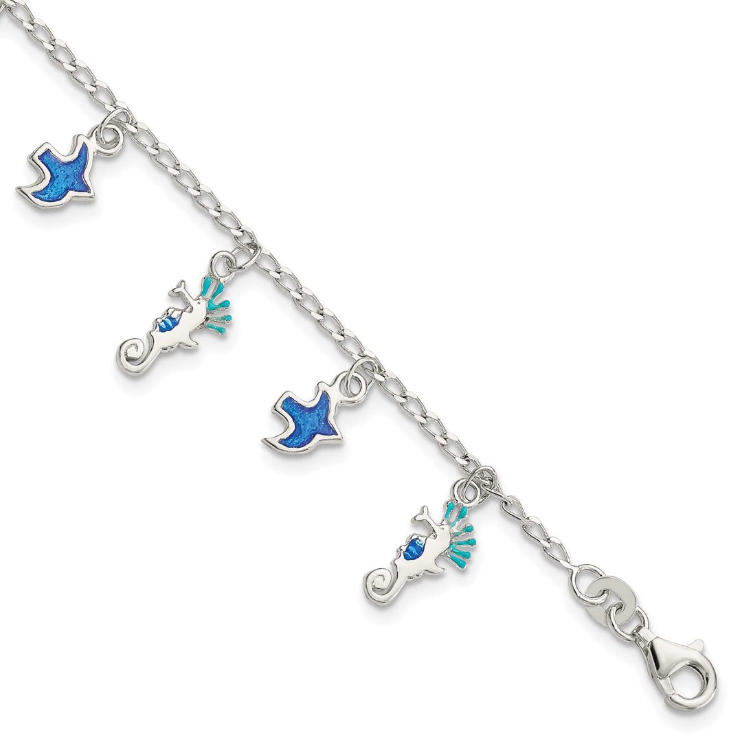 Sterling Silver Enameled Seahorse and Birds Bracelet