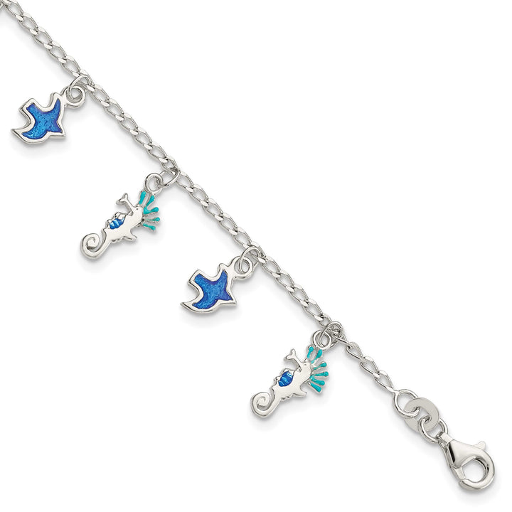 Sterling Silver Enameled Seahorse and Birds Bracelet
