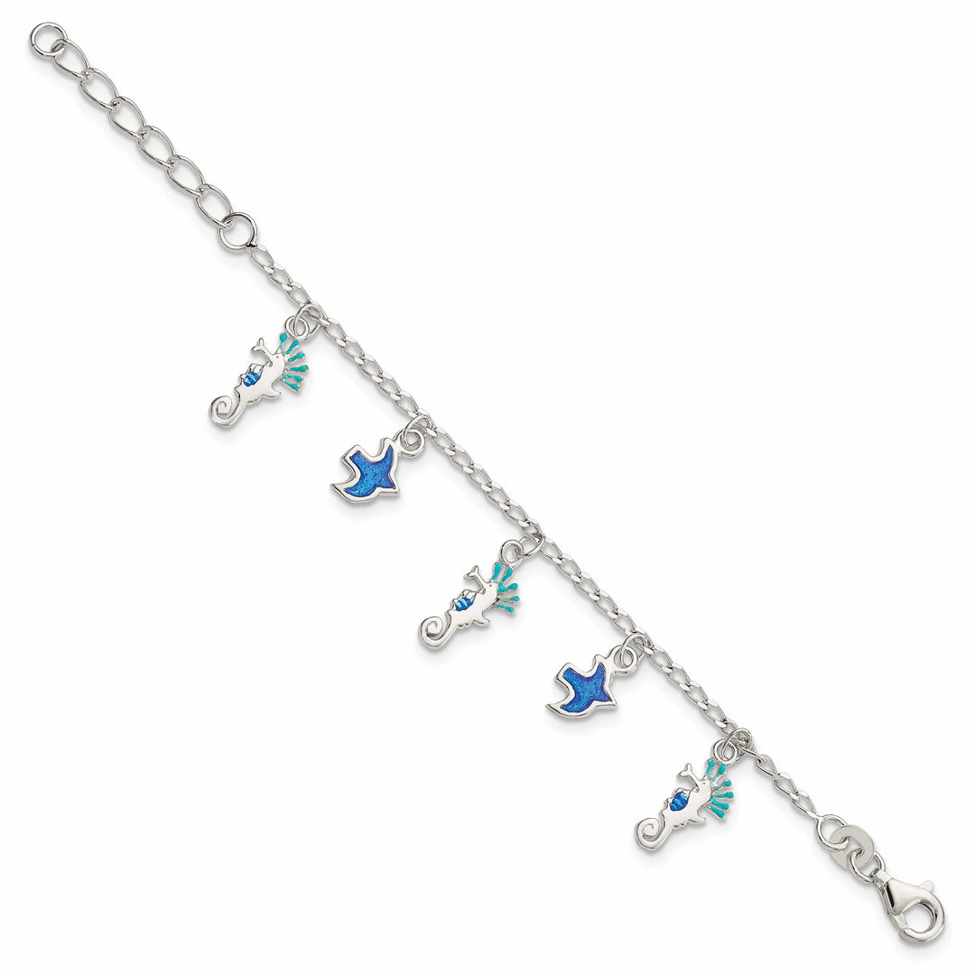 Sterling Silver Enameled Seahorse and Birds Bracelet