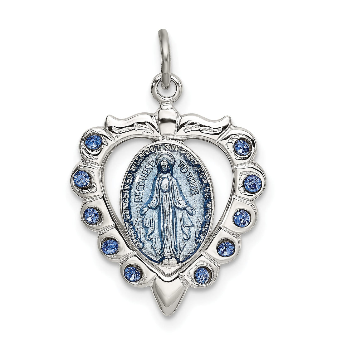 Sterling Silver Epoxy and Crystal Miraculous Medal Heart Pendant