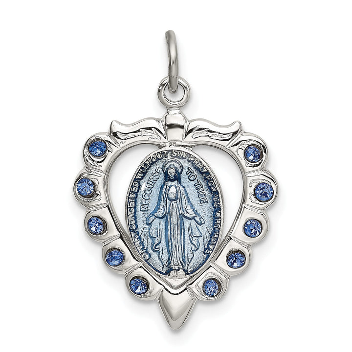 Sterling Silver Epoxy and Crystal Miraculous Medal Heart Pendant