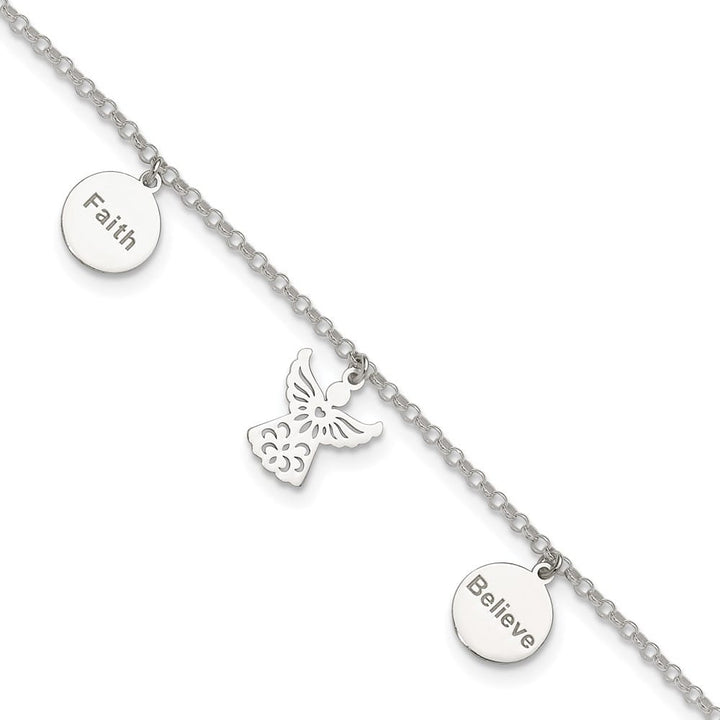 Sterling Silver Faith/Believe/Angel Anklet — .925 sterling silver, 10 inches long, 1 inch extension, 1.85 mm wide, spring ring clasp, 2.30 g